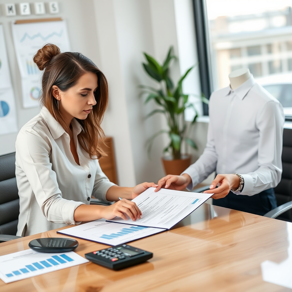 Professional consultant reviewing personal loan documents with client, modern office setting with financial charts and calculator on desk, representing personalized lending solutions and expert financial guidance