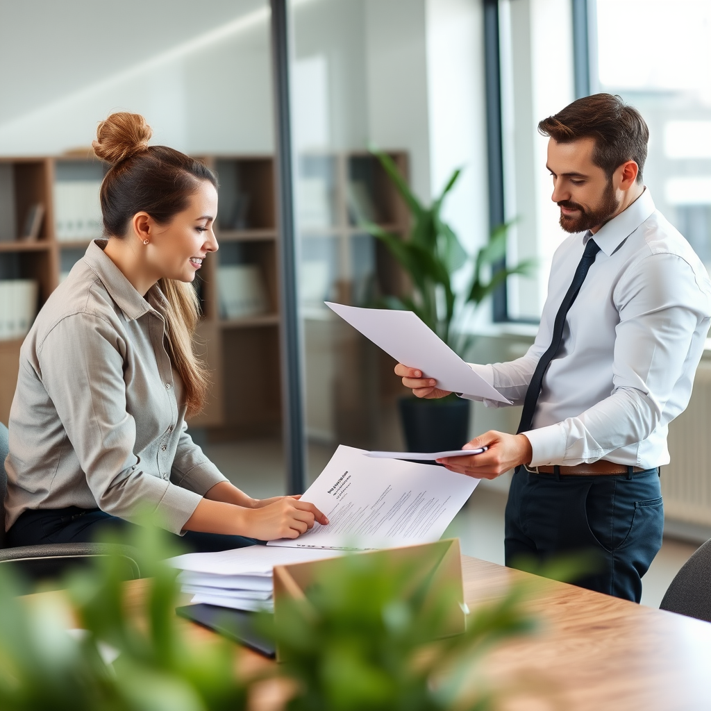 Professional mortgage consultant reviewing documents with clients in modern office setting