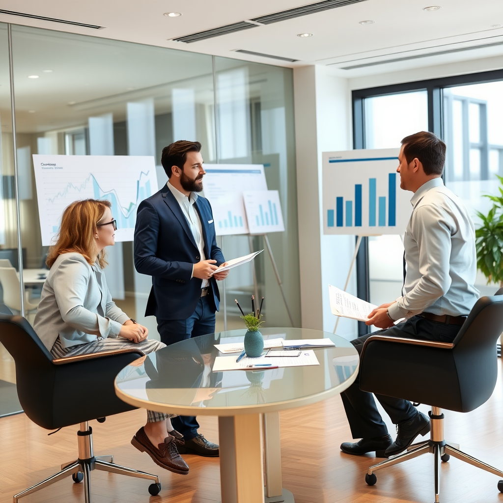 Business meeting with entrepreneurs and financial consultant discussing loan options, modern conference room with growth charts and business plans, representing strategic business financing solutions