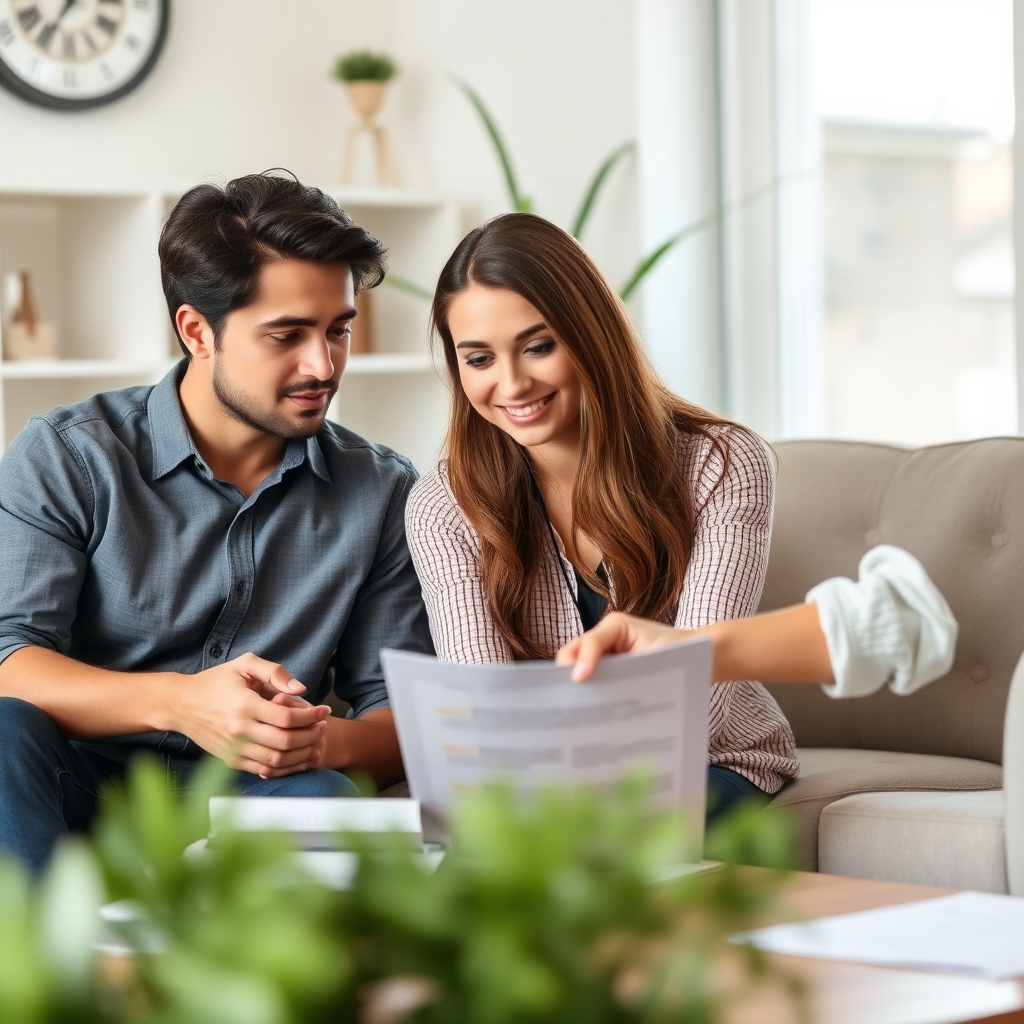 Young couple meeting with mortgage advisor reviewing first time buyer programs