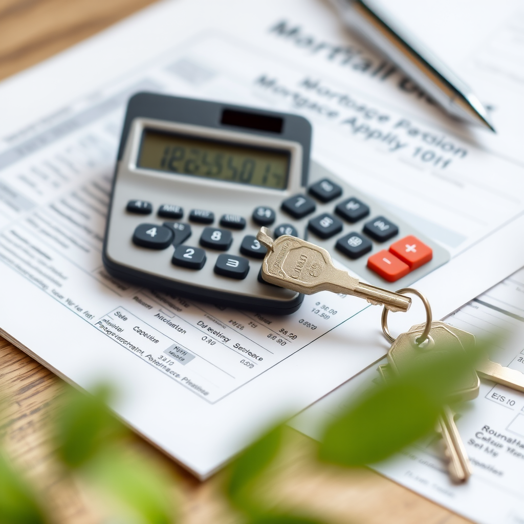 Mortgage application documents and calculator on desk with house keys